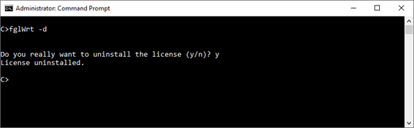 Image shows use of the fglWrt -d command to delete an installed license.