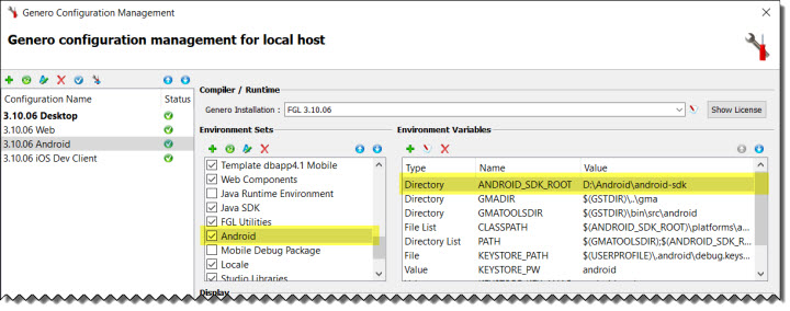 Genero Hosts Management Android SDK environment set with ANDROID_SDK_ROOT highlighted.