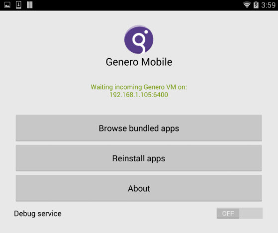 Screen shot of the front page, or home page, of the Genero Mobile for Android app.