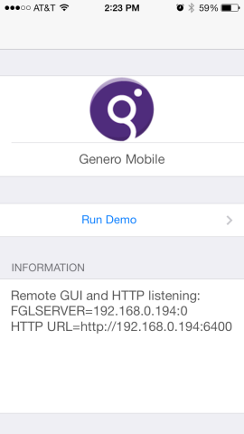 Screen shot of the front page, or home page, of the Genero Mobile for iOS client.