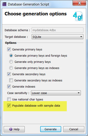 Screenshot of Database Generation Script dialog.