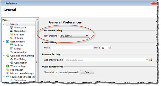 The screenshot shows the General Preferences window with text encoding selection ISO-8859-2.
