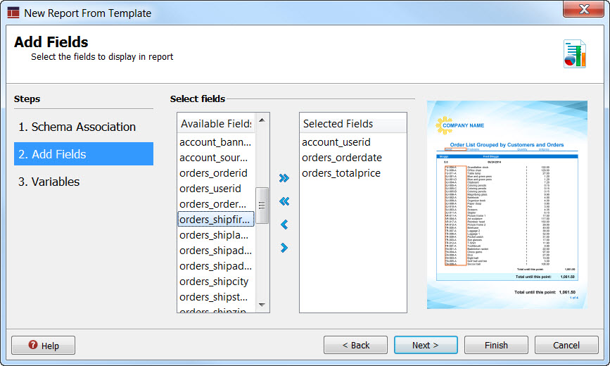 Screen shot of Schema Association page in New Report From Template wizard.