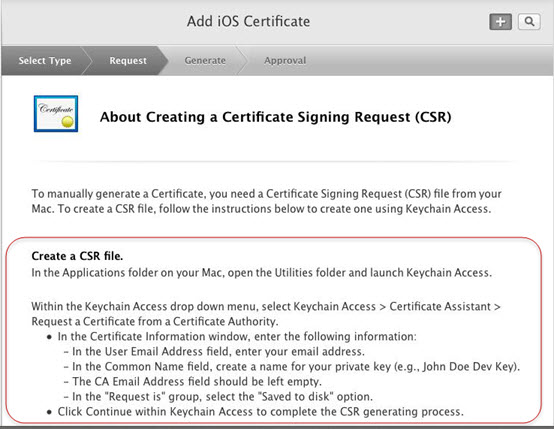 Screen shot of Create a CSR file instructions.