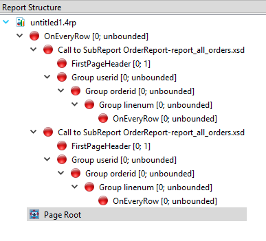 This figure is a screenshot of the Report Structure View showing inline sub-report triggers within a master report.