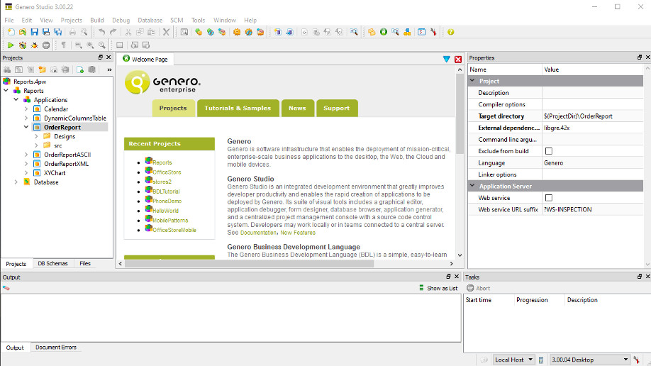 Screenshot of Genero Studio project view showing OrderReport application's virtual folders