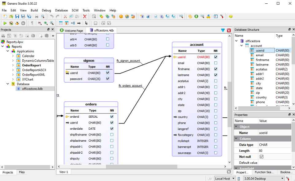 Screenshot of Genero Studio Meta_schema Manager window showing officestore database tables and relations